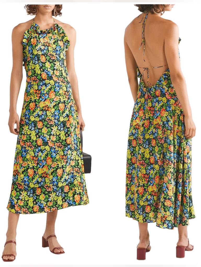 Les Rveries 100% Silk Crepe De Chine Tie-Back Floral Halter Midi Dress Nwt $815